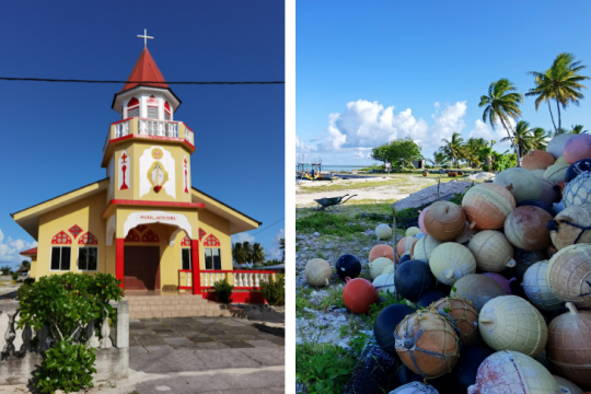 L'église du village d'Hitianau et la ferme perlière ©Julie Leveugle