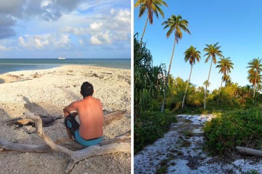 Une pause dans les travaux en attendant la livraison du matériel. Au loin, le trimaran d'Olivier de Kersauson ©Julie Leveugle