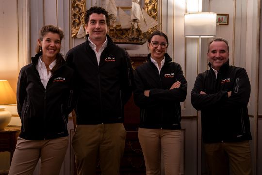 L'équipe de "Réalités Sailing Team" lors de la présentation du projet: Juliette Fermon, Pierre Loquen-Huchet, Juliette Baraise et Fabrice Cahierc