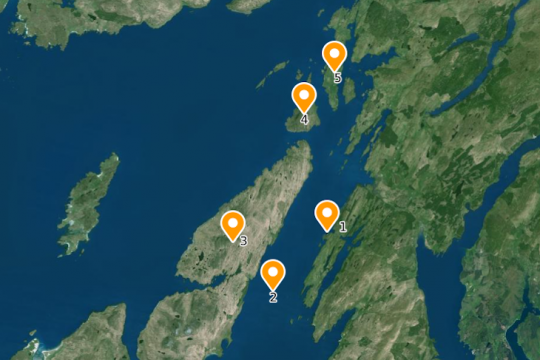 1-Carsaig, 2-sound de Jura, 3-Jura, 4-Scarba, 5-Luing